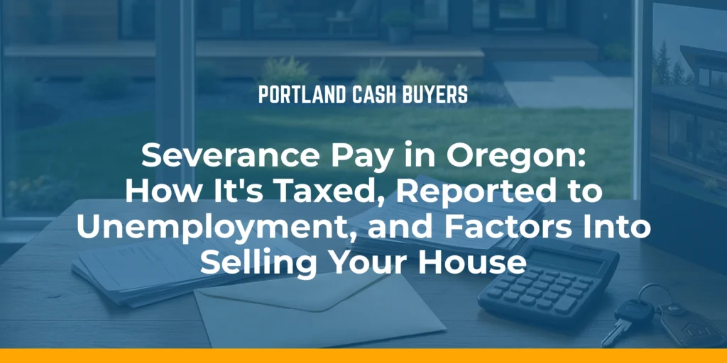 severance pay and unemployment Oregon guide featuring paperwork, an envelope, calculator, and house keys on a wooden desk.